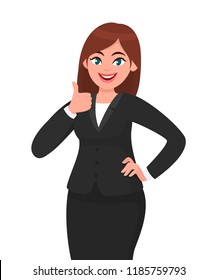 Beautiful smiling business woman showing thumbs up sign / gesture. Like, agree, approve, positive concept illustration in vector cartoon style.