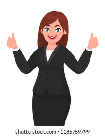 Beautiful smiling business woman showing thumbs up sign / gesturing with both hands. Like, agree, approve, positive concept illustration in vector cartoon style.