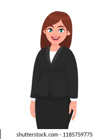 Beautiful smiling business woman standing isolated against white background. Businesswoman concept illustration in vector cartoon style.