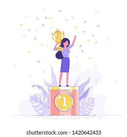 Beautiful smiling businesswoman is standing on a winners pedestal  with a golden cup and confetti around. Modern vector illustration.