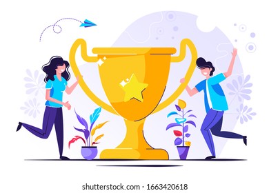 
Beautiful smiling businesswoman win with a golden cup. best, success woman. Vector illustration for web banner, infographics, mobile. Famine gender,