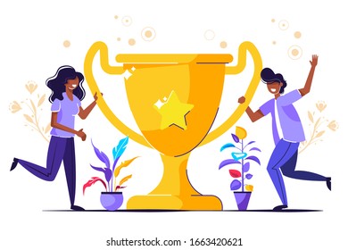 
Beautiful smiling businesswoman win with a golden cup. best, success woman. Vector illustration for web banner, infographics, mobile. Famine gender,