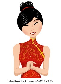 beautiful smiling chinese woman in traditional red clothing performing gesture of congratulation isolated