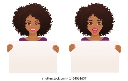 Beautiful smiling excited woman with afro hairstyle holding empty blank board isolated vector illustration