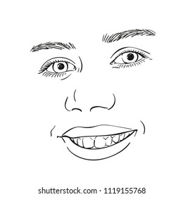 Beautiful smiling face of teenage girl with beautiful eyes and thick natural eyebrows, Vector sketch close up, Hand drawn illustration