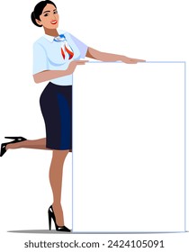Beautiful smiling French stewardess points to the ad. Blank poster for advertising Vector