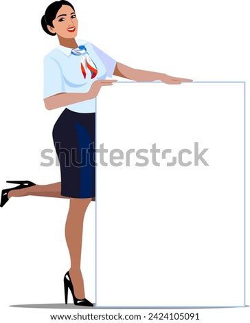 Beautiful smiling French stewardess points to the ad. Blank poster for advertising Vector