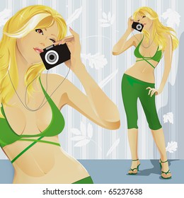Beautiful smiling girl with camera. Travel Clipart vector illustration.