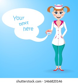 Beautiful smiling girl dentist with talking denture in hand and your text. Vector illustration in flat style.