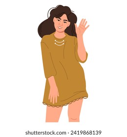A beautiful smiling girl in a dress stands and waves her hand. Greeting. A female character in casual clothes. Human poses. Posing. Vector illustration in a flat style
