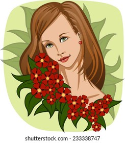 Beautiful smiling girl with garland of exotic red flowers and green leaves