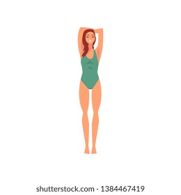 Beautiful Smiling Girl in Green Swimsuit, Young Woman Wearing Color Bathing Suit Enjoying Summer Vacation Vacation Vector Illustration