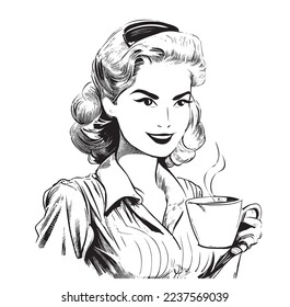 Beautiful smiling girl holding cup coffee retro hand drawn sketch Vector illustration 