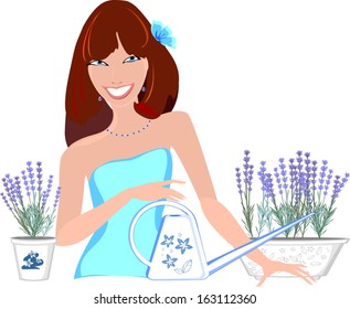 Beautiful smiling girl with lavender flowers