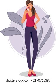 Beautiful smiling girl with lipsticks coloring her lips. Cute flat vector illustration