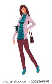 A beautiful, smiling girl with long dark hair, in a bright sweater and trousers with a handbag, stands at full height and holds a book. Vector. Isolated image on a white background. Stock flat illustration