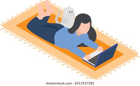 Beautiful Smiling Girl Lying down Scottish Fold Cat Using Laptop isometric Concept Vector Icon Design, Spare time engagements Symbol, Additional pursuits Sign, Personal pastimes Stock Illustration