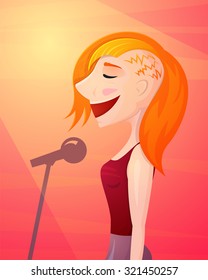 Beautiful smiling girl singer singing into a microphone on a stage in the spotlight, isolated vector illustration in cartoon style