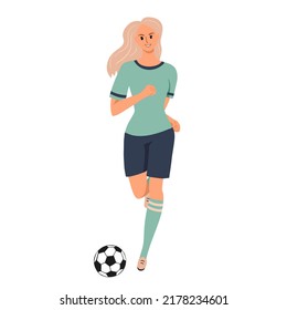 Schöner lächelnder Mädchenfußspieler, der einen Ball kickt. Vorderseite. Frauen, die Fußball spielen. Farbige weibliche Figur einzeln auf weißem Hintergrund. Vektorgrafik.