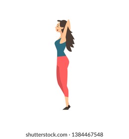 Beautiful Smiling Girl Standing with Her Hands Behind Her Head Vector Illustration