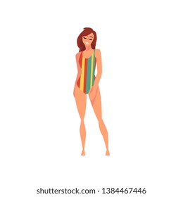 Beautiful Smiling Girl in Striped Swimsuit, Young Woman Wearing Color Bathing Suit Enjoying Summer Vacation Vector Illustration