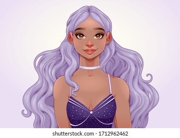 Beautiful smiling girl with very long hair. Vector cartoon illustration.