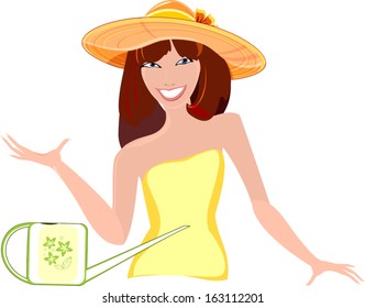Beautiful smiling girl with watering can