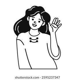 A beautiful smiling girl waves her hand. The Greeting gesture. Vector black and white doodle illustration