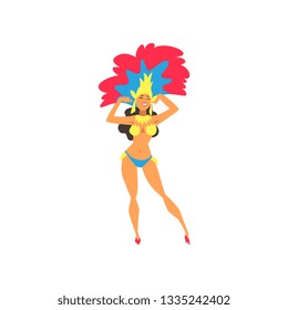 Beautiful Smiling Girl Wearing Colorful Festival Costume Dancing, Brazilian Samba Dancer, Rio de Janeiro Carnival Vector Illustration