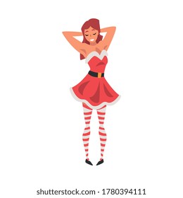 Beautiful Smiling Girl Wearing Red Santa Claus Dress and Striped Stockings, Young Woman in Christmas Clothes Vector Illustration