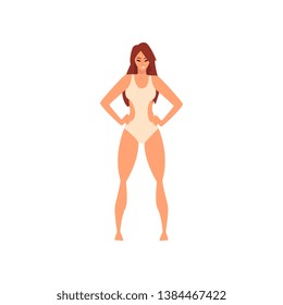 Beautiful Smiling Girl in White Swimsuit, Young Woman Wearing Bathing Suit Standing with Hands on Her Waist Vector Illustration