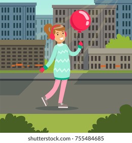 Beautiful smiling gtirl with pink balloon walking on a city background vector illustraion
