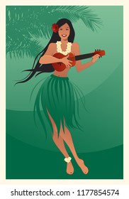 Beautiful and smiling Hawaiian girl wearing skirt of leaves playing ukulele and palm tree on green background