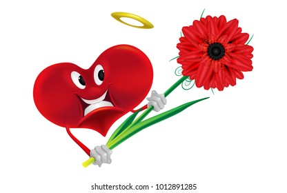 Beautiful smiling heart with flower on white background. Vector illustration for design of greeting cards, banners, posters and much more.
