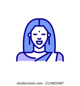 Beautiful smiling Indian lady wearing a traditional sari. Pixel perfect, editable stroke color icon
