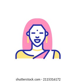 Beautiful smiling Indian lady wearing a traditional sari. Pixel perfect, editable stroke fun color icon