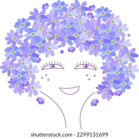 Beautiful smiling Lady Face  with blue violet spring blooming wild forest flowers hair Hepatica on white background