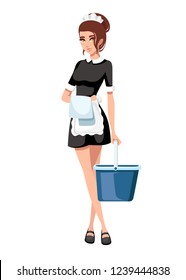 Beautiful Smiling Maid In Classic French Outfit. Cartoon Character Design. Women With Brown Short Hair. Maid Holding Cleaning Bucket And Towel. Flat Vector Illustration Isolated On White Background.