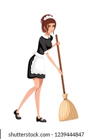 Beautiful smiling maid in classic french outfit. Cartoon character design. Women with brown short hair. Maid holding broom. Flat vector illustration isolated on white background.