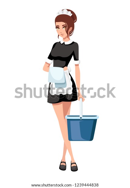Beautiful smiling maid in classic french\
outfit. Cartoon character design. Women with brown short hair. Maid\
holding cleaning bucket and towel. Flat vector illustration\
isolated on white\
background.