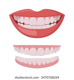 Beautiful smiling mouth with healthy teeth isolated on white. Healthy smile. Upper and lower jaws. Dentistry, dental treatment, whitening, orthodontics. Vector