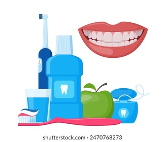 Beautiful smiling mouth with healthy teeth isolated on white. Healthy smile. Dentistry, dental treatment, whitening, orthodontics. Vector