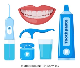 Bella boca sonriente con dientes sanos aislados en blanco. Sonrisa sana. Odontología, odontología, blanqueamiento dental, ortodoncia. Vector