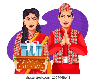 Beautiful Smiling Nepalese couple greeting wearing traditional dress standing in a greeting pose to Namaste hands, giving ribbon bow gift boxes isolated on background, man wearing Dhaka Topi