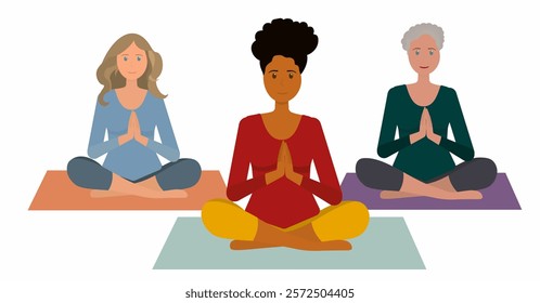 Beautiful smiling old woman, elderly lady and two beautiful girls with dark and light skin doing yoga and meditating on the mat, illustration, international yoga day, banner, background. Vector