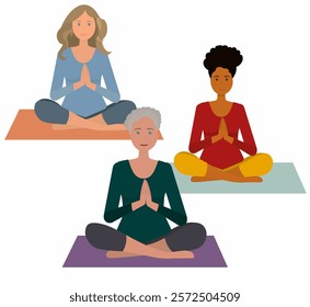 Beautiful smiling old woman, elderly lady and two beautiful girls with dark and light skin doing yoga and meditating on the mat, illustration, international yoga day, banner, background. Vector