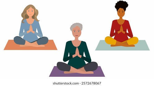 Beautiful smiling old woman, elderly lady and two beautiful girls with dark and light skin doing yoga and meditating on the mat, illustration, international yoga day, banner, background. Vector