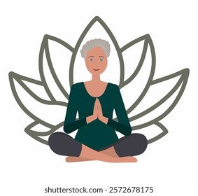 Beautiful smiling old woman, elderly lady doing yoga and meditating on mat, illustration, international yoga day, banner, background. Vector