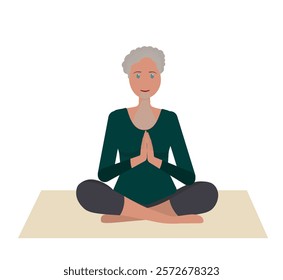 Beautiful smiling old woman, elderly lady doing yoga and meditating on mat, illustration, international yoga day, banner, background. Vector