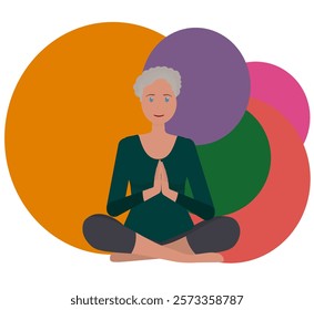 Beautiful smiling old woman, elderly lady doing yoga and meditating on mat, illustration, international yoga day, banner, background. Vector